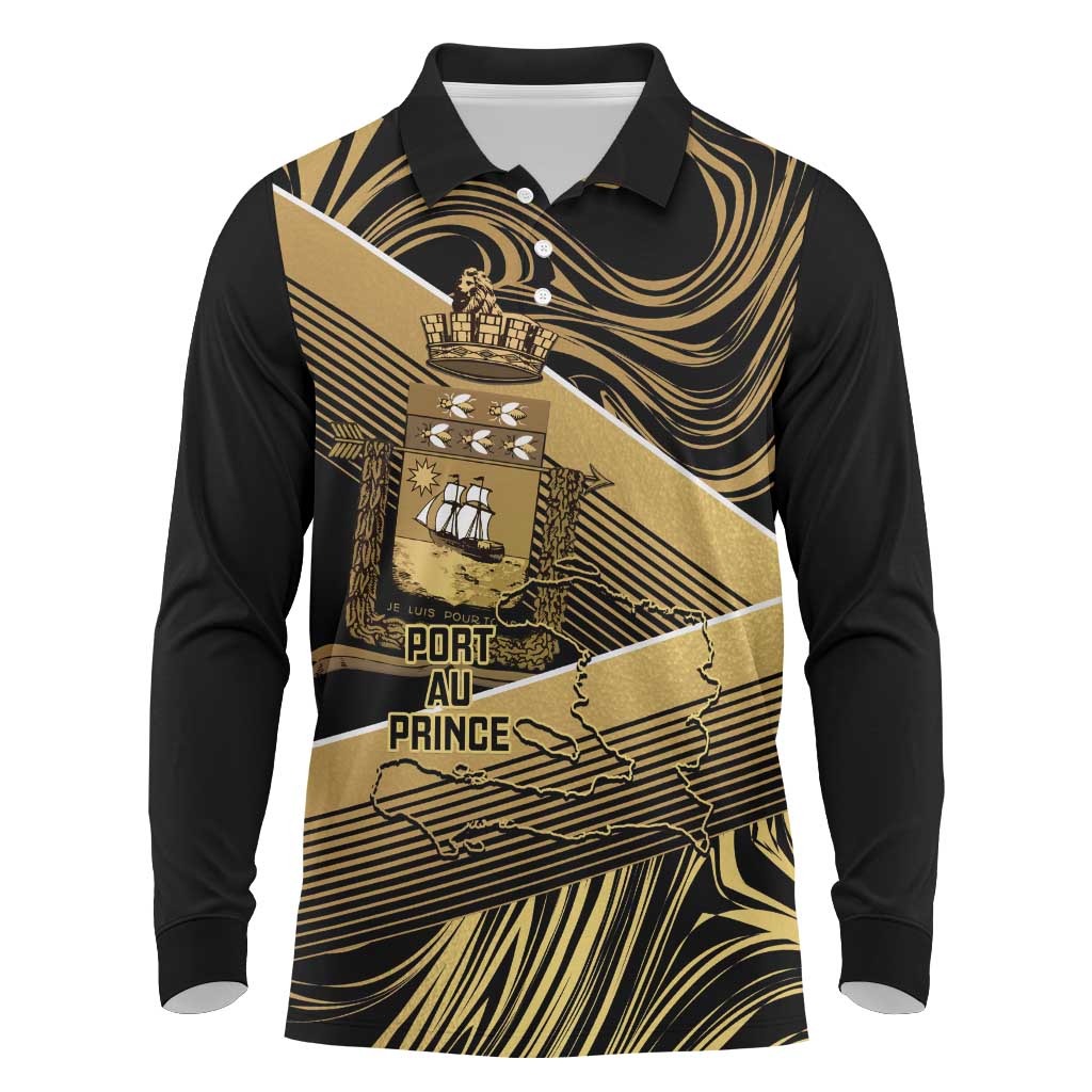 Port-au-Prince Afro-Haitians Long Sleeve Polo Shirt Ayiti Map Pòtoprens Gold Color - African Pride