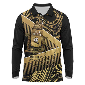 Port-au-Prince Afro-Haitians Long Sleeve Polo Shirt Ayiti Map Pòtoprens Gold Color - African Pride