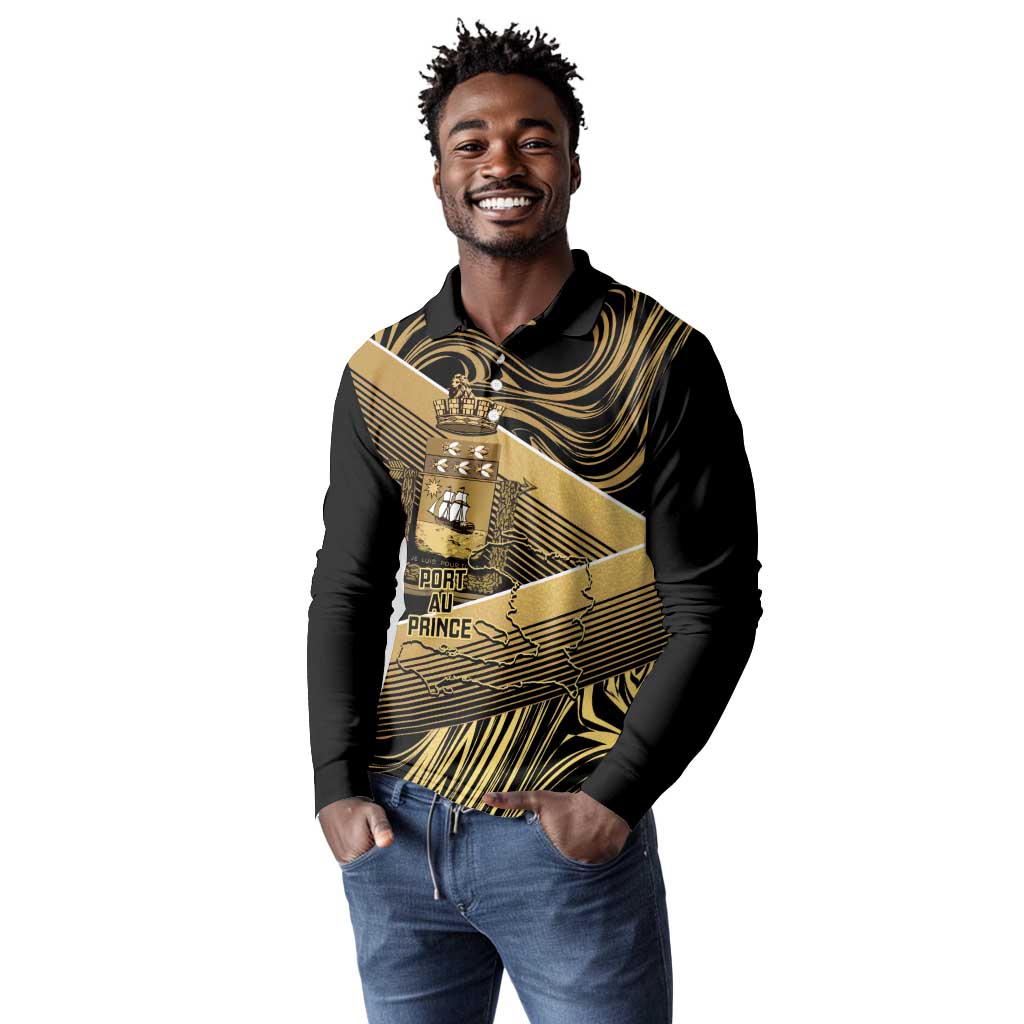 Port-au-Prince Afro-Haitians Long Sleeve Polo Shirt Ayiti Map Pòtoprens Gold Color - African Pride