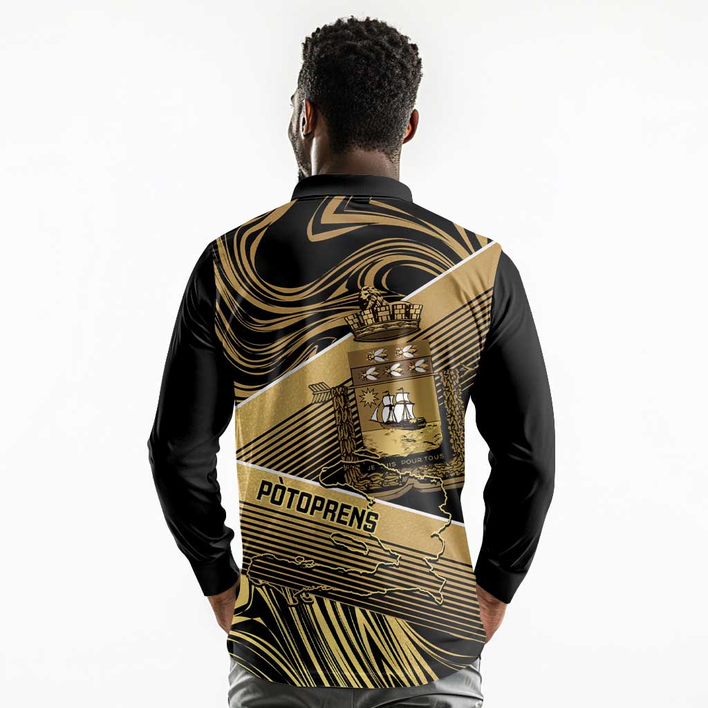 Port-au-Prince Afro-Haitians Long Sleeve Polo Shirt Ayiti Map Pòtoprens Gold Color - African Pride