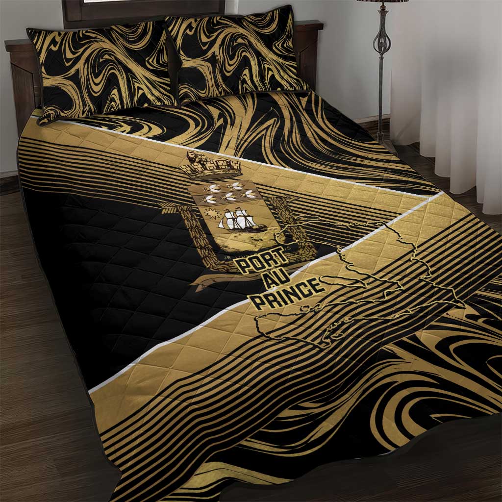Port-au-Prince Afro-Haitians Quilt Bed Set Ayiti Map Pòtoprens Gold Color - African Pride