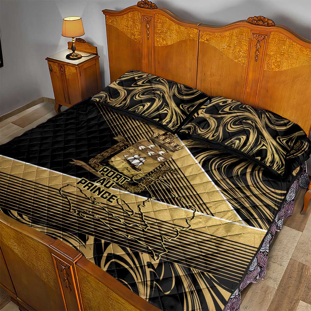 Port-au-Prince Afro-Haitians Quilt Bed Set Ayiti Map Pòtoprens Gold Color - African Pride