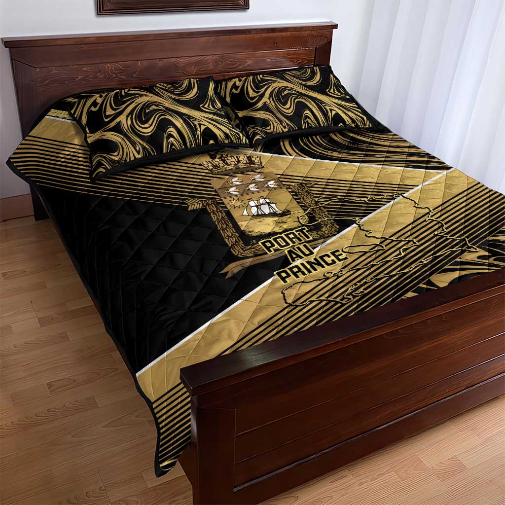 Port-au-Prince Afro-Haitians Quilt Bed Set Ayiti Map Pòtoprens Gold Color - African Pride