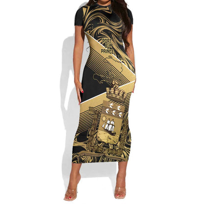 Port-au-Prince Afro-Haitians Short Sleeve Bodycon Dress Ayiti Map Pòtoprens Gold Color LT14