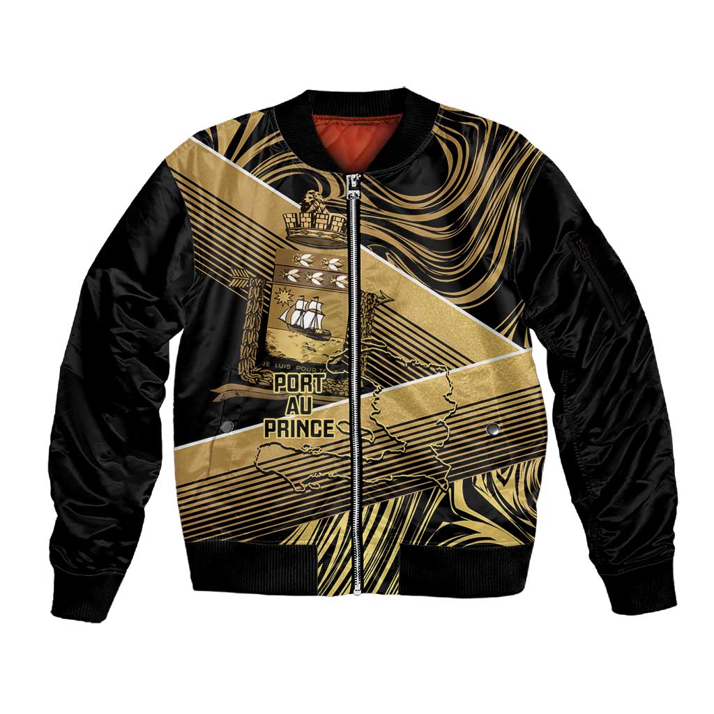 Port-au-Prince Afro-Haitians Sleeve Zip Bomber Jacket Ayiti Map Pòtoprens Gold Color - African Pride
