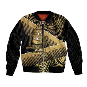 Port-au-Prince Afro-Haitians Sleeve Zip Bomber Jacket Ayiti Map Pòtoprens Gold Color - African Pride
