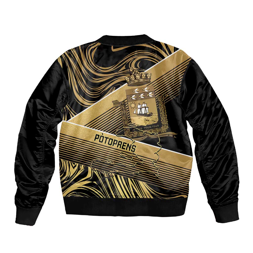 Port-au-Prince Afro-Haitians Sleeve Zip Bomber Jacket Ayiti Map Pòtoprens Gold Color - African Pride