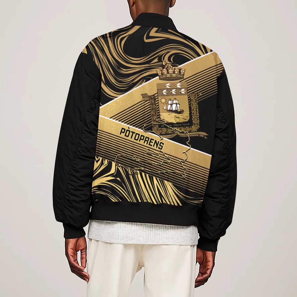 Port-au-Prince Afro-Haitians Sleeve Zip Bomber Jacket Ayiti Map Pòtoprens Gold Color - African Pride