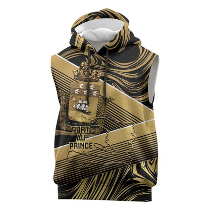 Port-au-Prince Afro-Haitians Sleeveless Hoodie Ayiti Map Pòtoprens Gold Color - African Pride