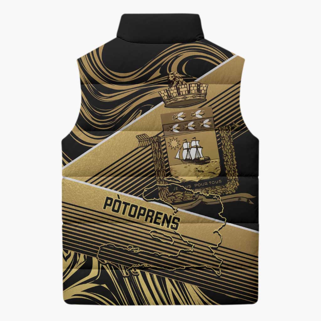 Port-au-Prince Afro-Haitians Sleeveless Puffer Jacket Ayiti Map Pòtoprens Gold Color - African Pride