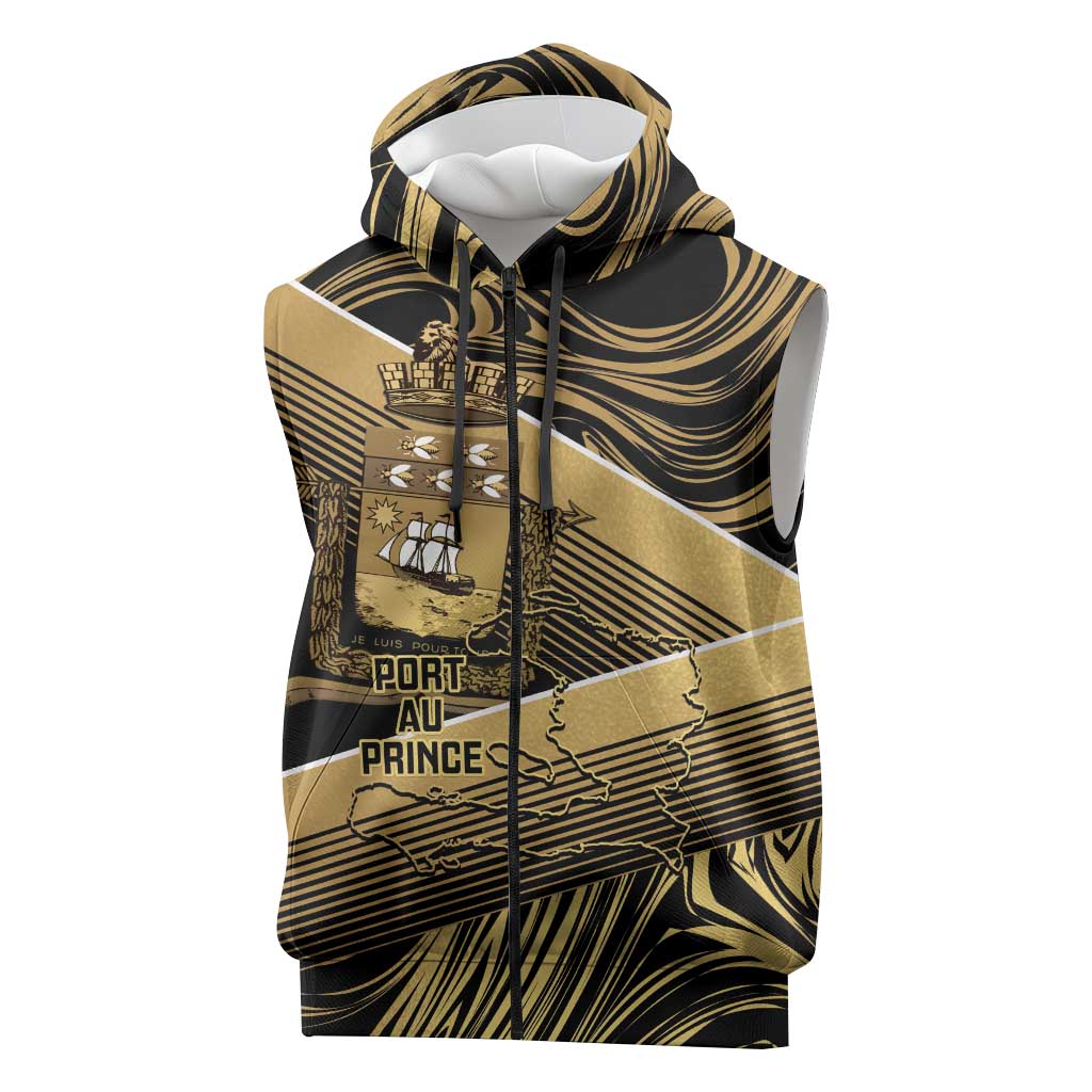Port-au-Prince Afro-Haitians Sleeveless Zip Hoodie Ayiti Map Pòtoprens Gold Color - African Pride