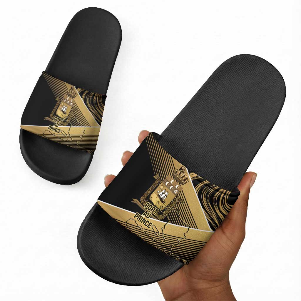 Port-au-Prince Afro-Haitians Slide Sandals Ayiti Map Pòtoprens Gold Color - African Pride