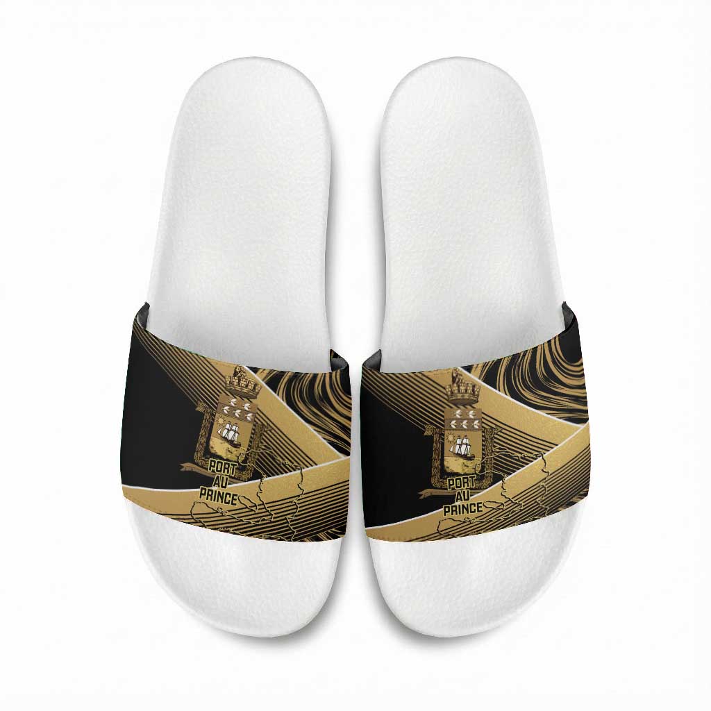 Port-au-Prince Afro-Haitians Slide Sandals Ayiti Map Pòtoprens Gold Color - African Pride