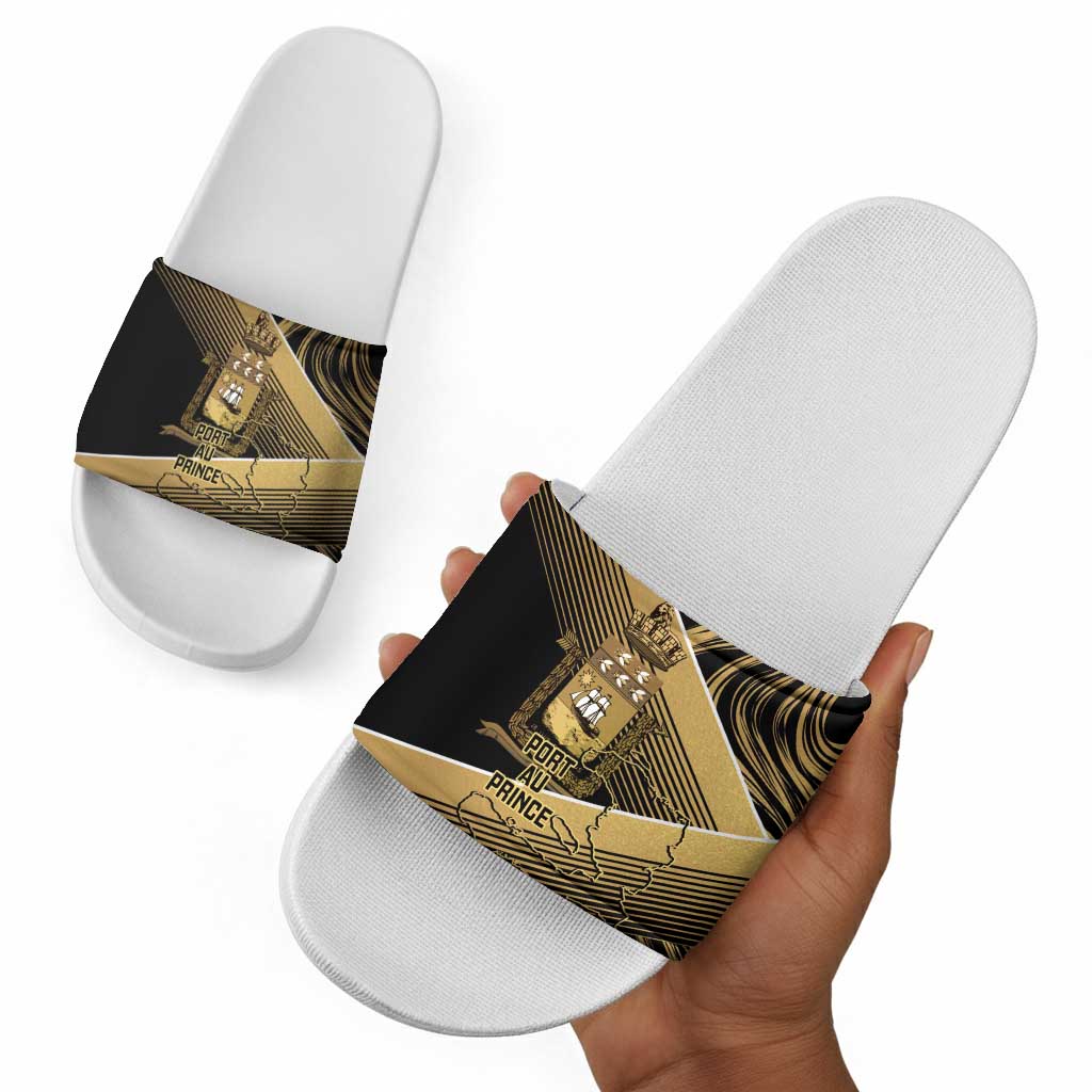 Port-au-Prince Afro-Haitians Slide Sandals Ayiti Map Pòtoprens Gold Color - African Pride