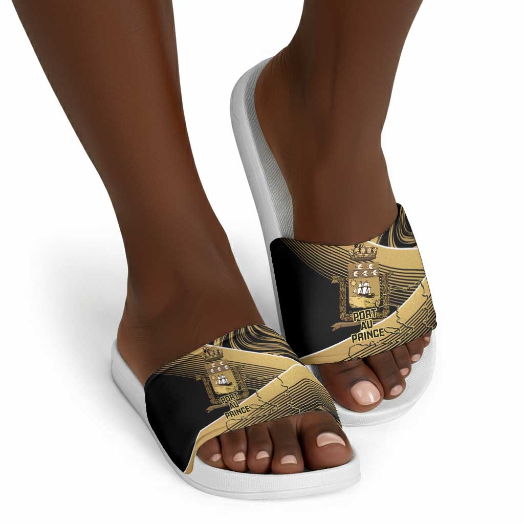 Port-au-Prince Afro-Haitians Slide Sandals Ayiti Map Pòtoprens Gold Color - African Pride