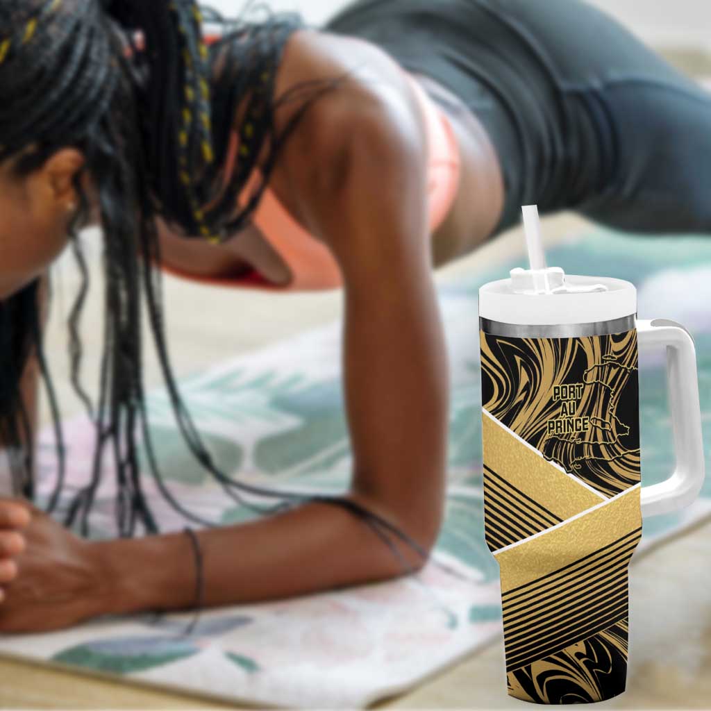 Port-au-Prince Afro-Haitians Tumbler With Handle Ayiti Map Pòtoprens Gold Color - African Pride