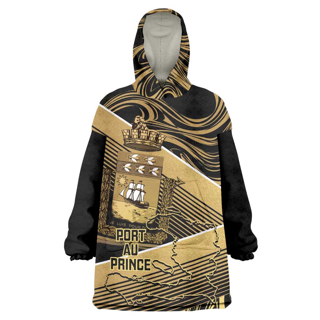Port-au-Prince Afro-Haitians Wearable Blanket Hoodie Ayiti Map Pòtoprens Gold Color - African Pride