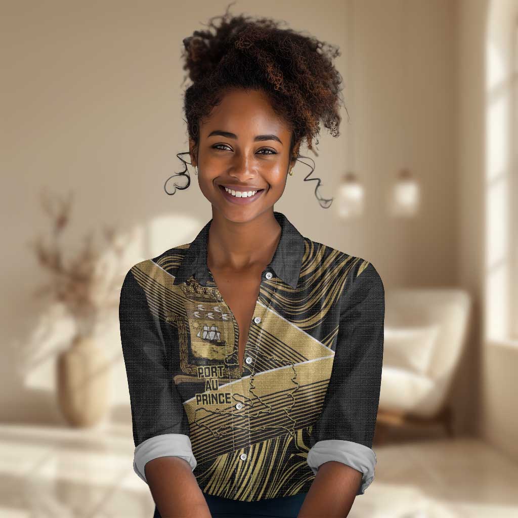 Port-au-Prince Afro-Haitians Women Casual Shirt Ayiti Map Pòtoprens Gold Color - African Pride