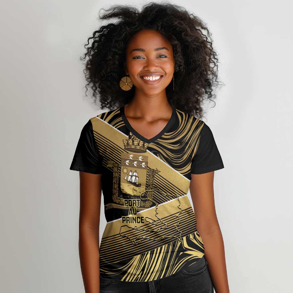 Port-au-Prince Afro-Haitians Women V-Neck T-Shirt Ayiti Map Pòtoprens Gold Color LT14