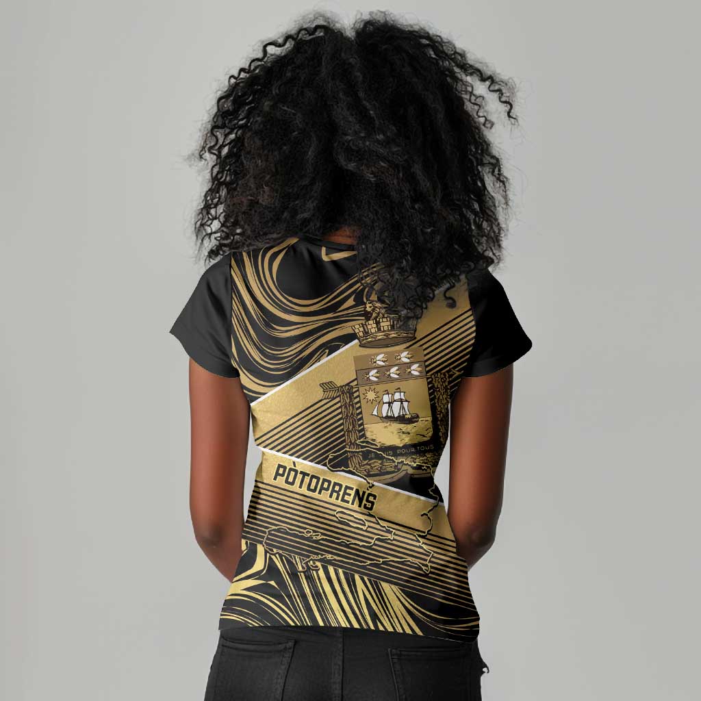 Port-au-Prince Afro-Haitians Women V-Neck T-Shirt Ayiti Map Pòtoprens Gold Color LT14