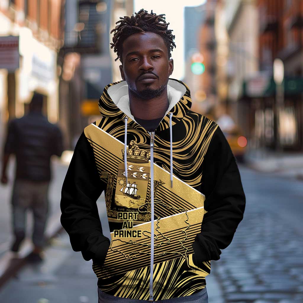 Port-au-Prince Afro-Haitians Zip Hoodie Ayiti Map Pòtoprens Gold Color - African Pride