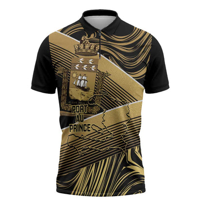 Port-au-Prince Afro-Haitians Zipper Polo Shirt Ayiti Map Pòtoprens Gold Color - African Pride