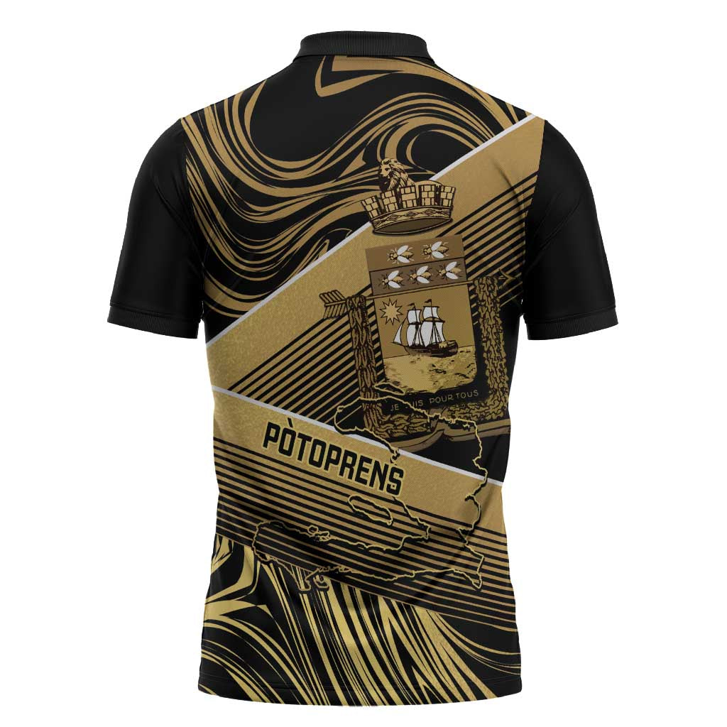 Port-au-Prince Afro-Haitians Zipper Polo Shirt Ayiti Map Pòtoprens Gold Color - African Pride