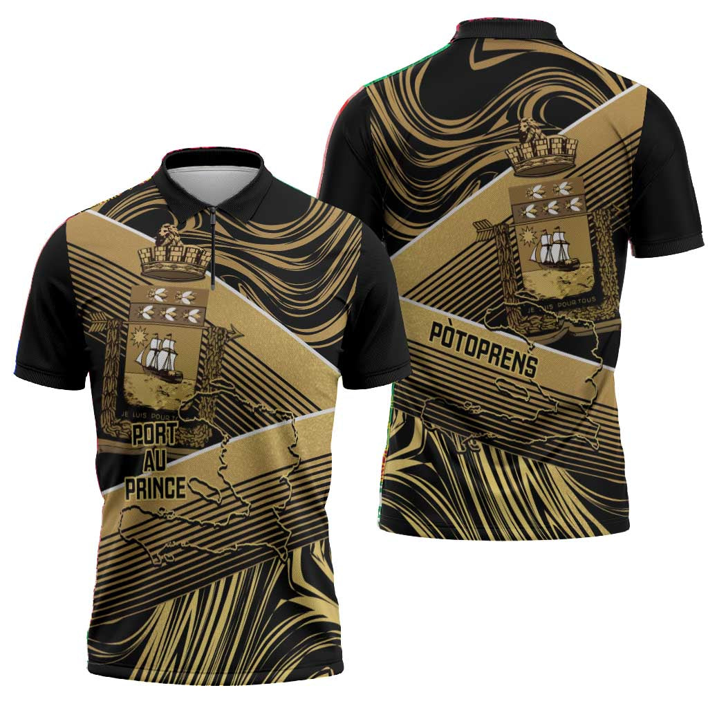 Port-au-Prince Afro-Haitians Zipper Polo Shirt Ayiti Map Pòtoprens Gold Color - African Pride