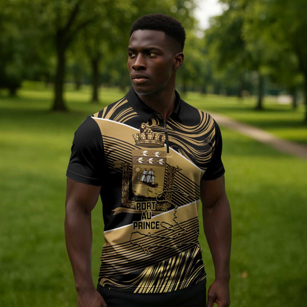 Port-au-Prince Afro-Haitians Zipper Polo Shirt Ayiti Map Pòtoprens Gold Color - African Pride