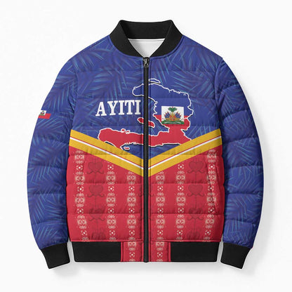 Afro-Haitians Bomber Puffer Jacket Proud Ayiti Veve Vodou Royal Palm Leaves - African Pride