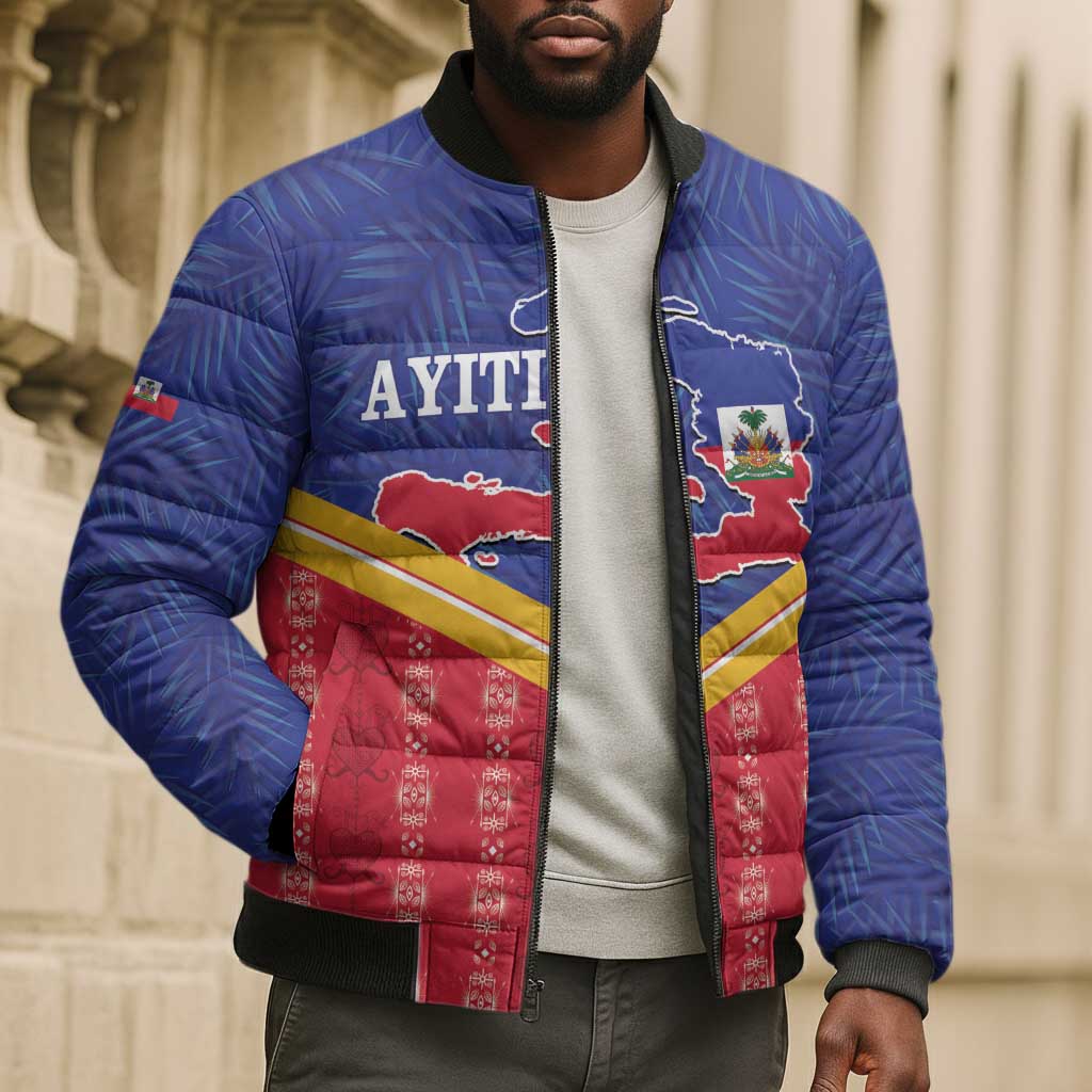 Afro-Haitians Bomber Puffer Jacket Proud Ayiti Veve Vodou Royal Palm Leaves - African Pride