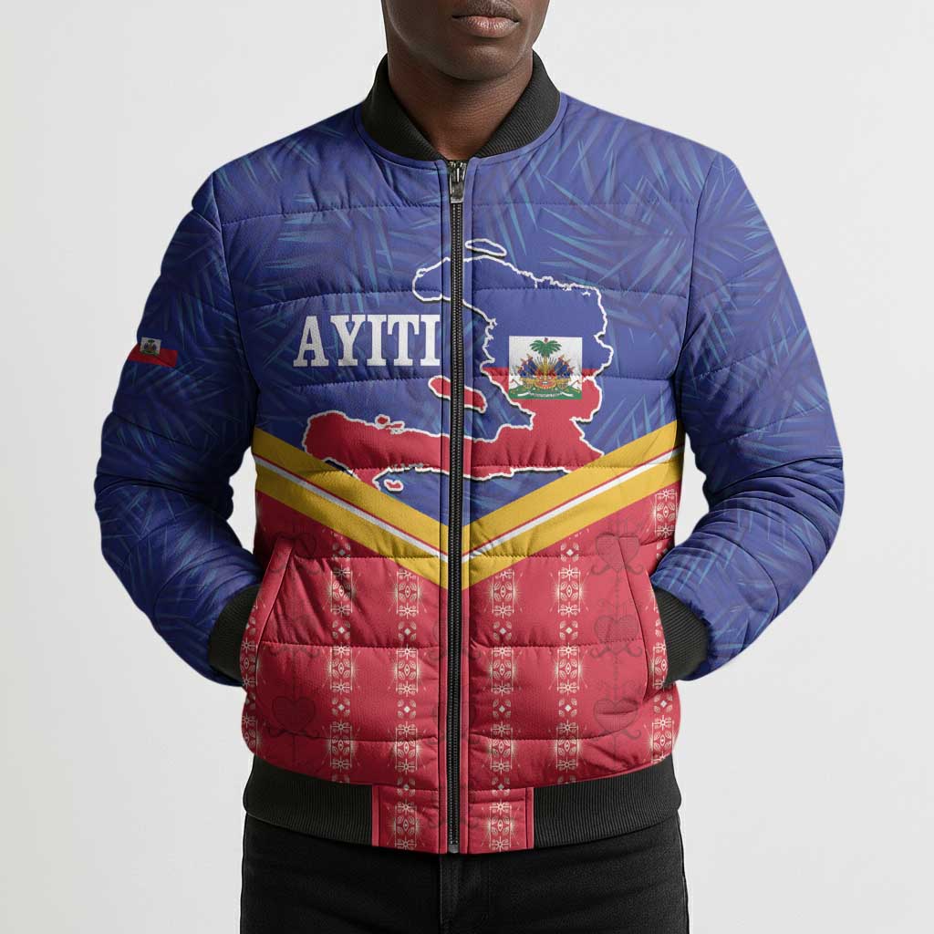 Afro-Haitians Bomber Puffer Jacket Proud Ayiti Veve Vodou Royal Palm Leaves - African Pride