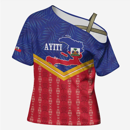 Afro-Haitians Cross Shoulder Shirt Proud Ayiti Veve Vodou Royal Palm Leaves - African Pride