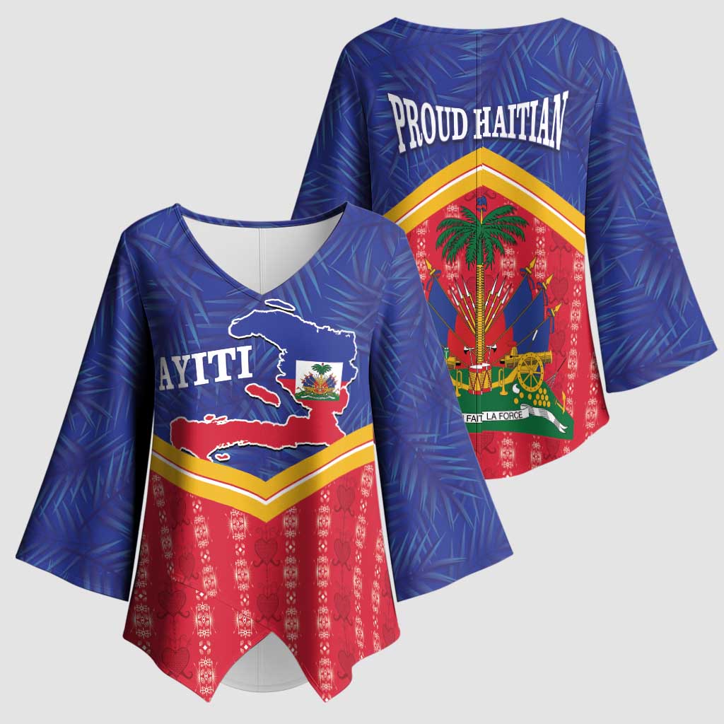Afro-Haitians Kimono Sleeve Blouse Proud Ayiti Veve Vodou Royal Palm Leaves - African Pride
