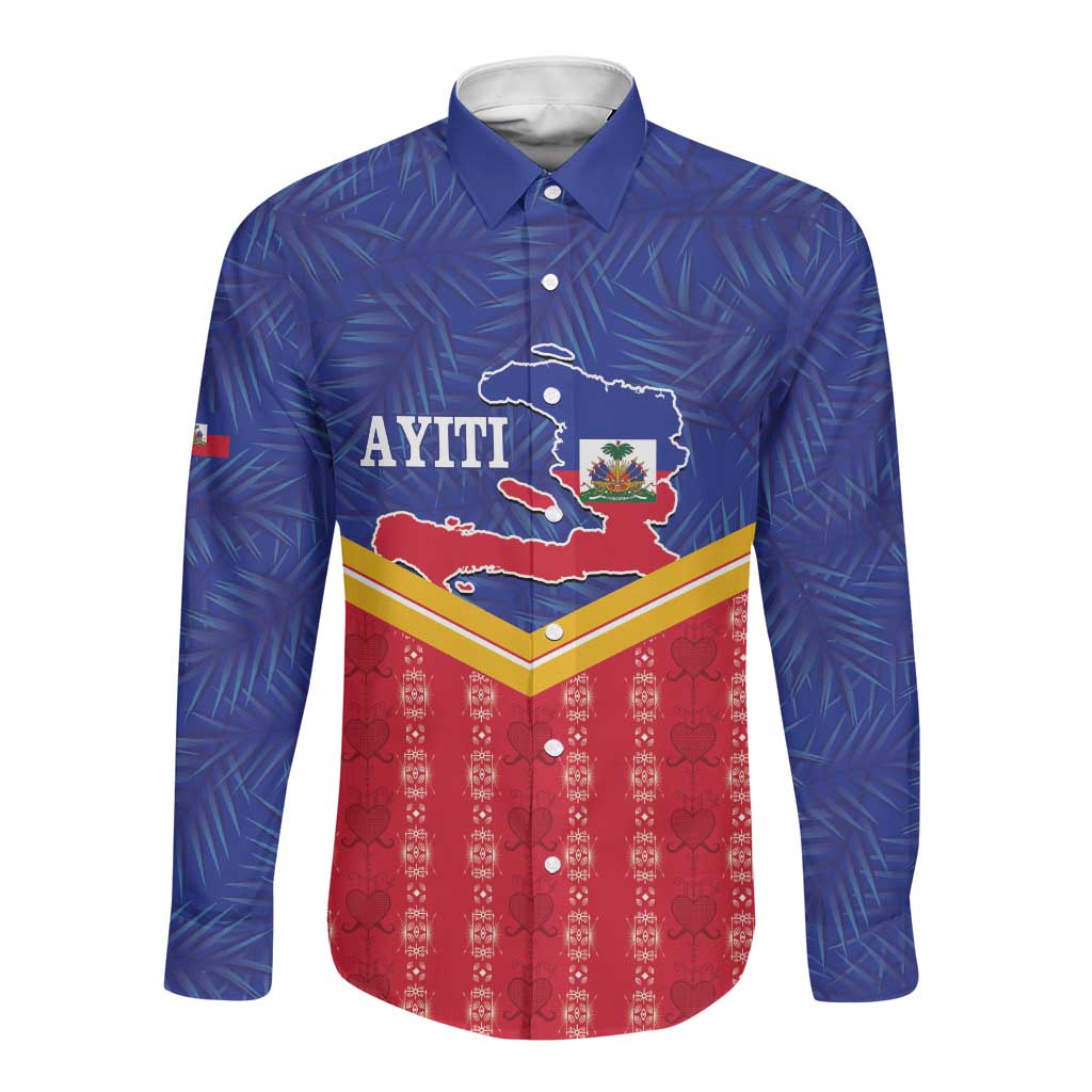 Afro-Haitians Long Sleeve Button Shirt Proud Ayiti Veve Vodou Royal Palm Leaves - African Pride