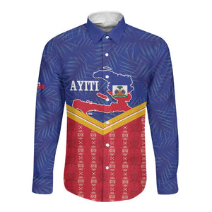 Afro-Haitians Long Sleeve Button Shirt Proud Ayiti Veve Vodou Royal Palm Leaves - African Pride