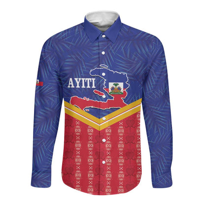 Afro-Haitians Long Sleeve Button Shirt Proud Ayiti Veve Vodou Royal Palm Leaves - African Pride