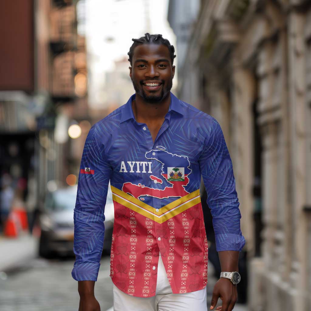 Afro-Haitians Long Sleeve Button Shirt Proud Ayiti Veve Vodou Royal Palm Leaves - African Pride
