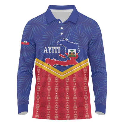 Afro-Haitians Long Sleeve Polo Shirt Proud Ayiti Veve Vodou Royal Palm Leaves - African Pride