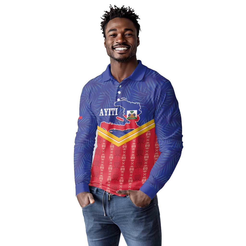 Afro-Haitians Long Sleeve Polo Shirt Proud Ayiti Veve Vodou Royal Palm Leaves - African Pride