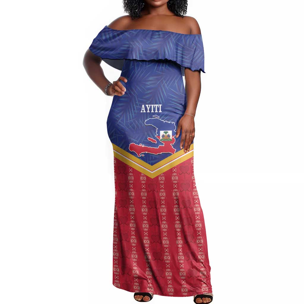 Afro-Haitians Off Shoulder Maxi Dress Proud Ayiti Veve Vodou Royal Palm Leaves - African Pride