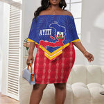 Afro-Haitians Off Shoulder Short Dress Proud Ayiti Veve Vodou Royal Palm Leaves - African Pride