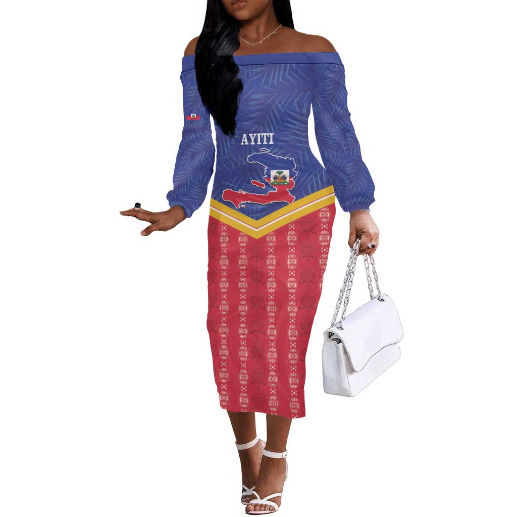 Afro-Haitians Off The Shoulder Long Sleeve Dress Proud Ayiti Veve Vodou Royal Palm Leaves - African Pride