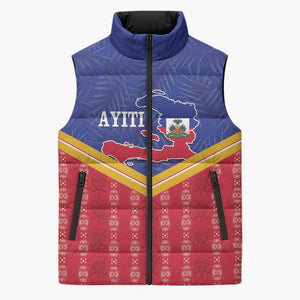 Afro-Haitians Sleeveless Puffer Jacket Proud Ayiti Veve Vodou Royal Palm Leaves - African Pride