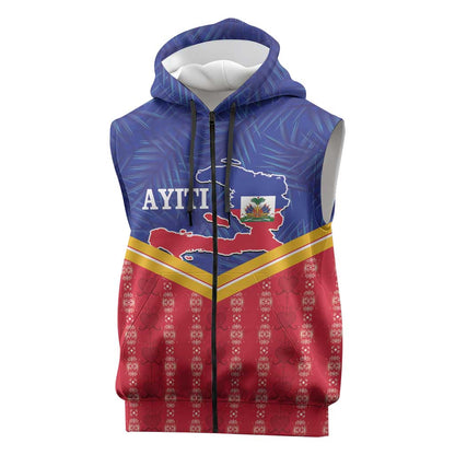 Afro-Haitians Sleeveless Zip Hoodie Proud Ayiti Veve Vodou Royal Palm Leaves - African Pride