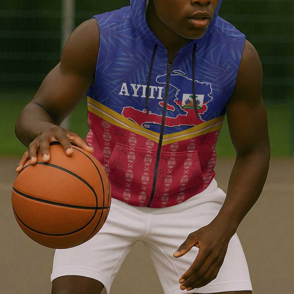 Afro-Haitians Sleeveless Zip Hoodie Proud Ayiti Veve Vodou Royal Palm Leaves - African Pride