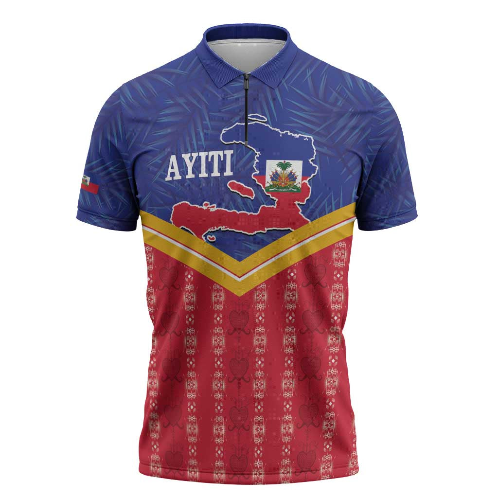 Afro-Haitians Zipper Polo Shirt Proud Ayiti Veve Vodou Royal Palm Leaves - African Pride