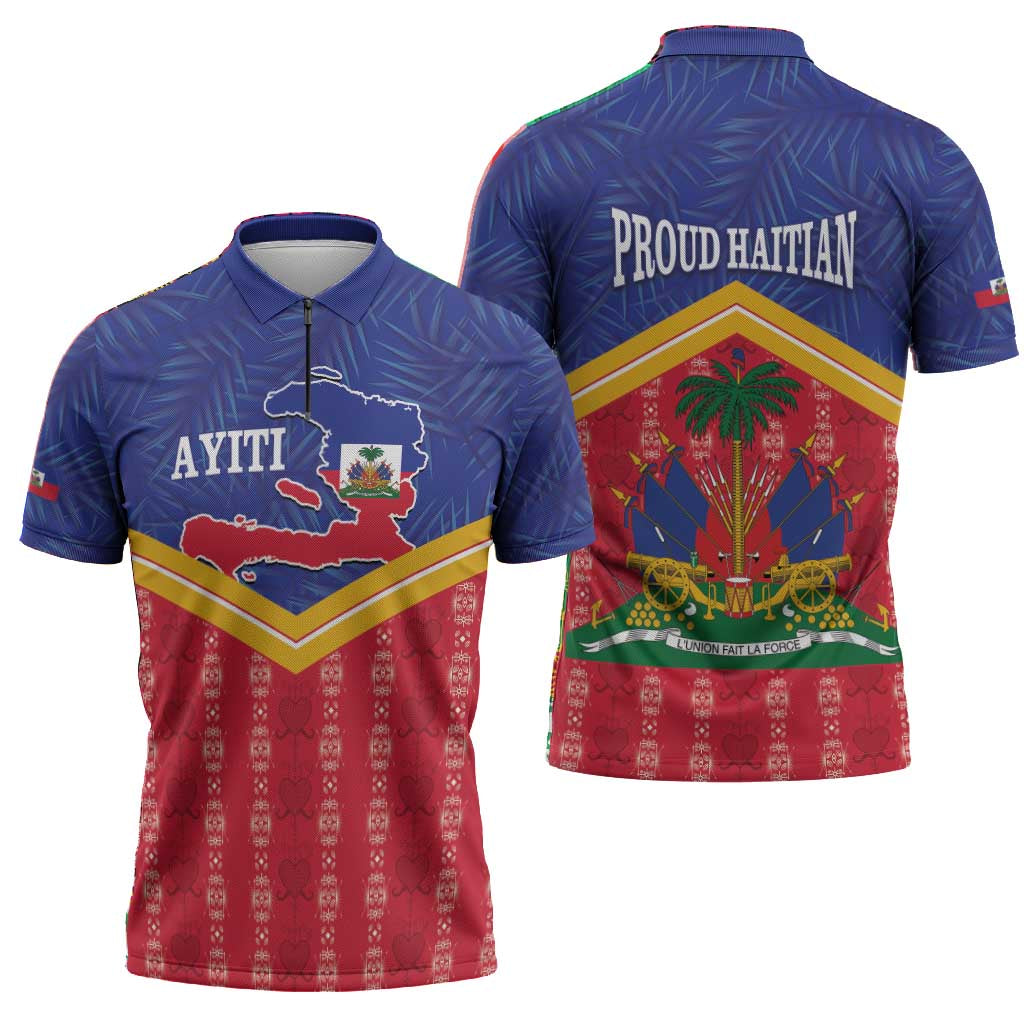Afro-Haitians Zipper Polo Shirt Proud Ayiti Veve Vodou Royal Palm Leaves - African Pride