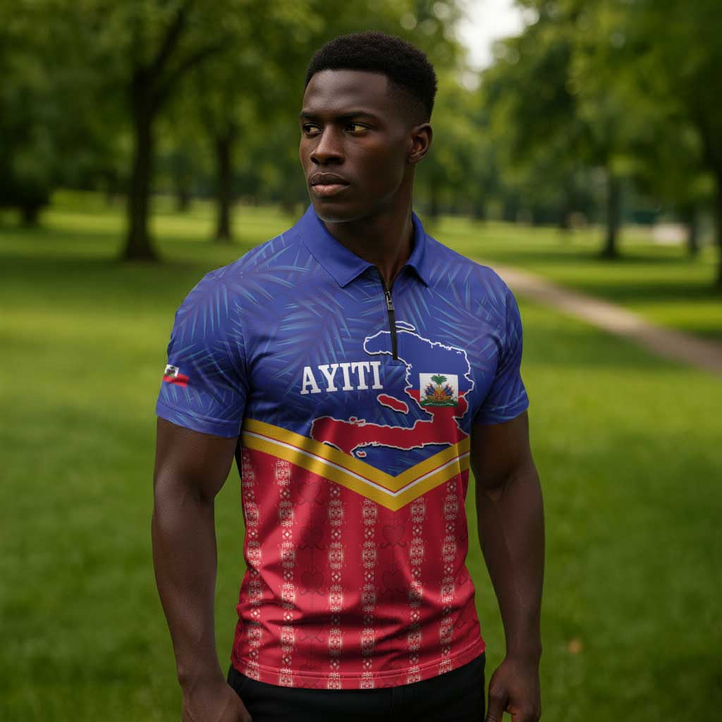 Afro-Haitians Zipper Polo Shirt Proud Ayiti Veve Vodou Royal Palm Leaves - African Pride