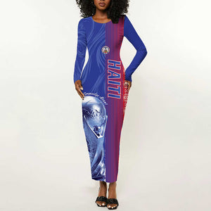 Custom Afro-Haiti Football Long Sleeve Bodycon Dress 2026 Grenadye Alaso Blue Version - African Pride